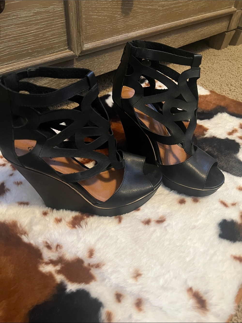 Qupid Black Cutout Wedge Sandals